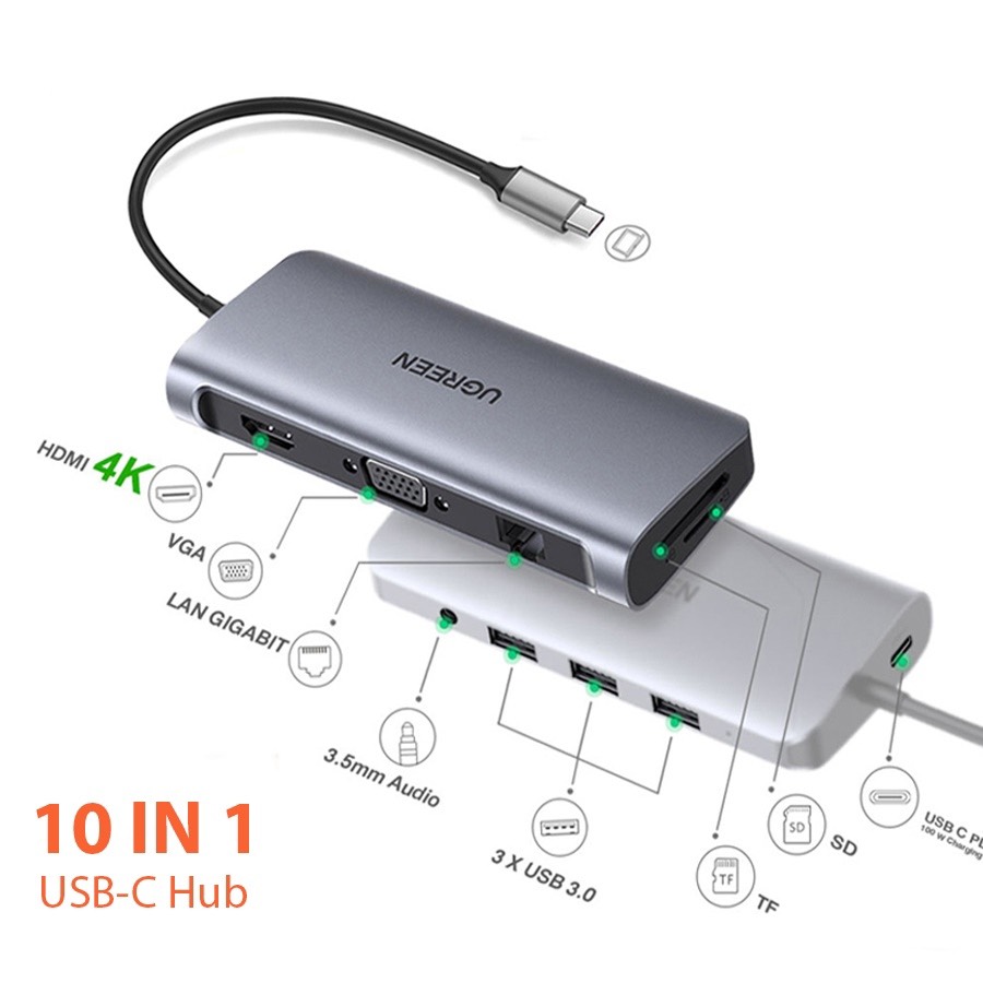 Bộ chuyển đổi USB Type C to HDMI + VGA + LAN 1Gbps + Hub USB3.0 + SD/TF + Audio Ugreen 80133 cao cấp
